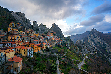 Castelmezzano historic village on the mountains at sunset, in Italy