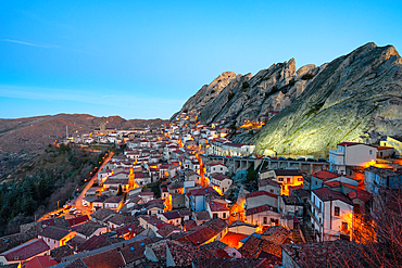 Pietrapertosa historic village with stone houses in the mountains at sunrise, in Italy