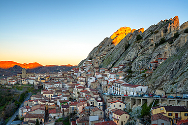 Pietrapertosa historic village with stone houses in the mountains at sunrise, Pietraperosa, Basilicata, Italy, Europe