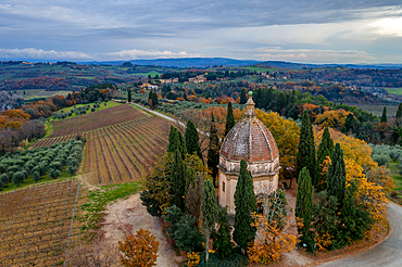 Chapel of San Michele Arcangelo in Semifonte drone aerial view at sunset, in Italy