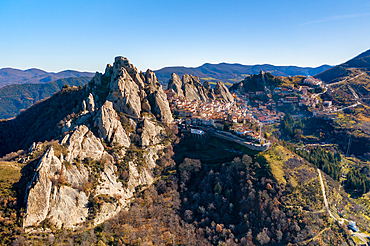 Pietraperosa historic village in the mountains drone aerial view at sunrise, in Italy