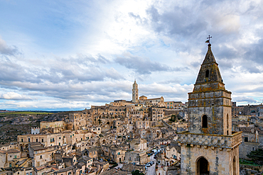 Ancient city view with traditional stone houses, Maria Santissima della Bruna and Sant'Eustachio Cathedral and Church of Saint Peter Barisano, Matera, Basilicata, Italy, Europe