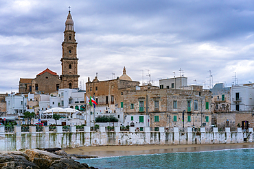 Monopoli historic city with old houses and Maria Santissima della Madia cathedral at sunset, in Italy