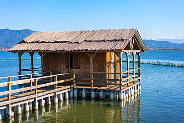 Fisherman traditional wooden house built on the sea in Tourlida Missolonghi, Greece