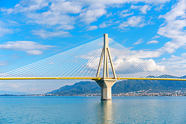 Charilaos Trikoupis Rio Antirrio Bridge seen from a ferry boat crossing to Peloponnese region, in Greece