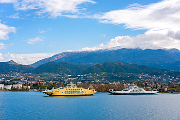 Ferry boats in Rio Antirrio area crossing to Peloponnese region, in Greece