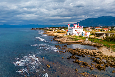 Abandoned Fairytale castle drone aerial view near the sea, in Greece