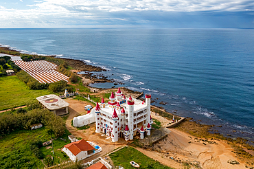 Abandoned Fairytale castle drone aerial view near the sea, in Greece