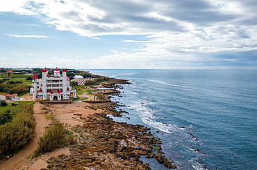 Abandoned Fairytale castle drone aerial view near the sea, in Greece