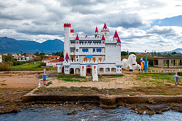 Abandoned Fairytale castle drone aerial view near the sea, in Greece