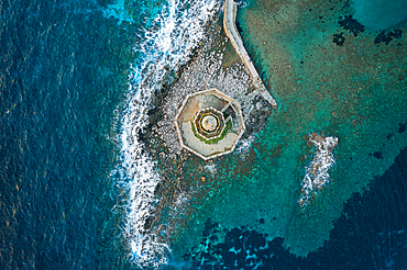 Bourtzi Methoni castle drone aerial top view in the middle of the sea, in Greece