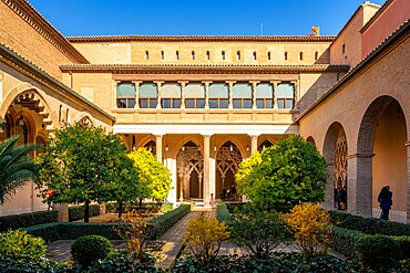 Aljaferia fortified medieval Islamic palace interior details and garden, Zaragoza, Aragon, Spain, Europe