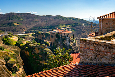 Meteora ancient holy monastery of Varlaam seen from Great Meteoron in Unesco site in Kalabaka, Greece