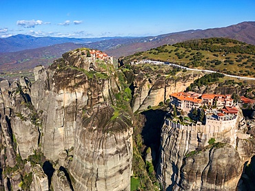 Meteora ancient holy monastery of Varlaam and Great Meteoron drone aerial view in Unesco site in Kalabaka, Greece