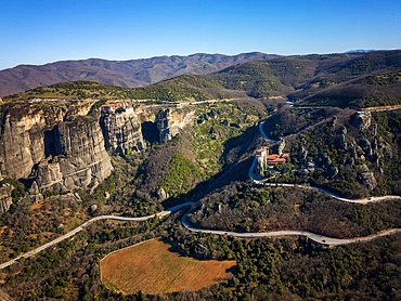 Meteora ancient holy monastery of Varlaam and Great Meteoron drone aerial view in Unesco site in Kalabaka, Greece