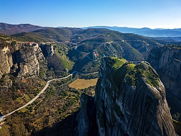 Meteora ancient holy monastery of Varlaam and Great Meteoron drone aerial view in Unesco site in Kalabaka, Greece