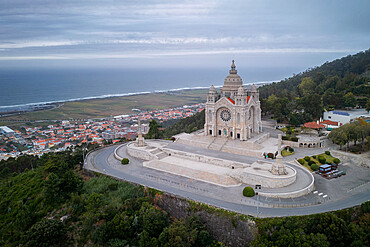 Santa Luzia Church sanctuary, drone aerial view, Viana do Castelo, with Atlantic Ocean in the background, Norte, Portugal, Europe