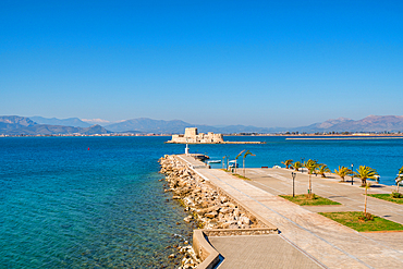 Nafplion lighthouse and bourtzi castle island in Greece