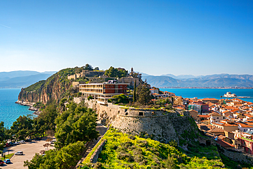 Nafplion historic city view with Palamidi fortress and bourtzi castle island in Greece