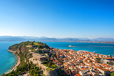 Nafplion historic city view with Palamidi fortress and bourtzi castle island in Greece