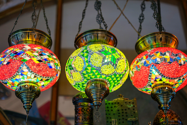 Turkish traditional colorful mosaic lamp chandeliers on a bazaar market in Izmir, Turkey