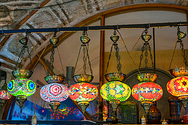 Turkish traditional colorful mosaic lamp chandeliers on a bazaar market in Izmir, Turkey