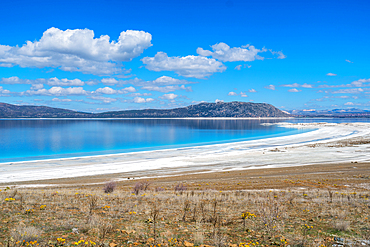 Salda lake with turquoise water and white sand on a sunny day in Turkey