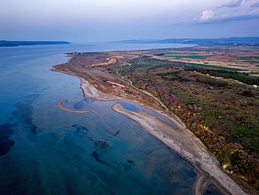 Drone aerial view of Sigeion cape in Cannakale at sunset in Turkey
