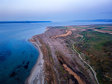 Drone aerial view of Sigeion cape in Cannakale at sunset in Turkey