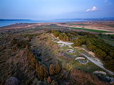 Drone aerial top view of abandoned artillery cannons on the coast of Turkey