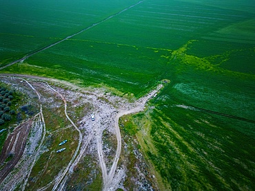 Drone aerial view of camper van in Marmara dry lake now full of vegetation in Turkey at sunset