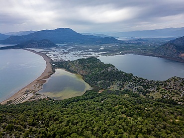 Drone view of Dalyan turtle bay on a cloudy day in Turkey