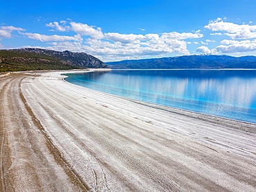 Salda lake drone view with white sand and turquoise water in Turkey