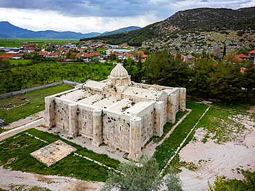 Drone view of Suruz Caravanserai medieval lodging in Turkey