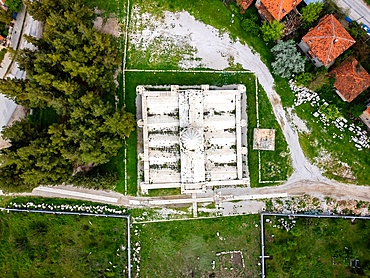 Drone top view of Suruz Caravanserai medieval lodging in Turkey
