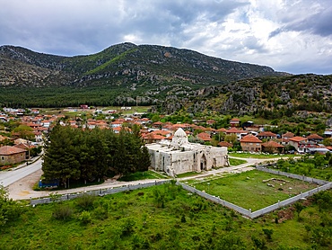 Drone view of Suruz Caravanserai medieval lodging in Turkey
