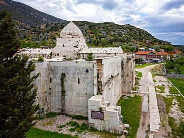 Drone view of Susuz Caravanserai medieval lodging in Turkey
