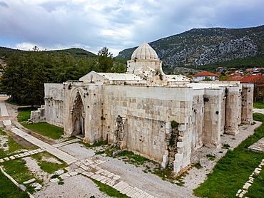 Drone view of Susuz Caravanserai medieval lodging in Turkey