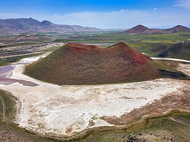 Drone aerial view of Meke dry lake volcano red crater in Karapinar Turkey