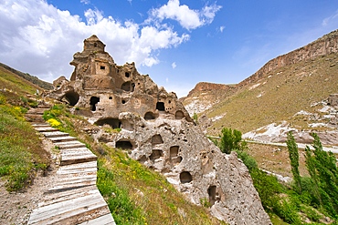 Soganli ancient houses carved on the rock with multiple floors in Cappadocia, Turkey