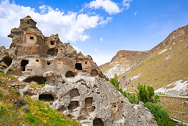 Soganli ancient houses carved on the rock with multiple floors in Cappadocia, Turkey
