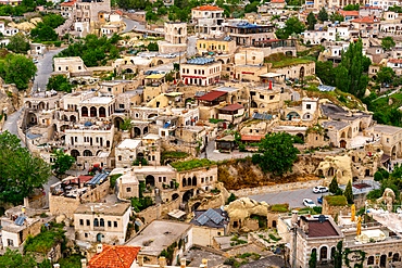 Ortahisar city with traditional houses seen from the castle in Cappadocia, Turkey