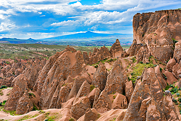 Imagination valley with interesting red rock formations in Cappadocia, Turkey