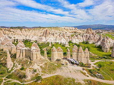 Drone aerial view of Love valley with beautiful rock formations in Cappadocia, Turkey