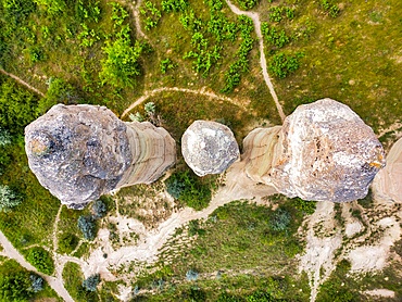 Drone aerial top view of Love valley with beautiful rock formations in Cappadocia, Turkey
