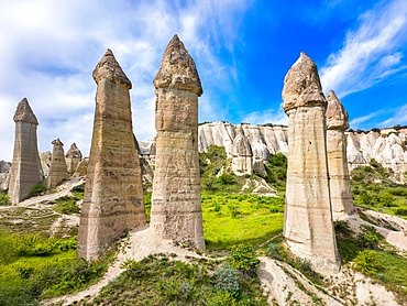 Drone aerial view of Love valley with beautiful rock formations in Cappadocia, Turkey