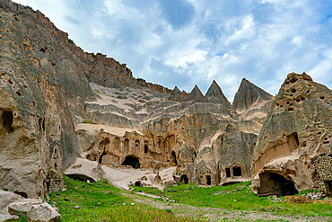 Selime ancient town with houses carved on the rocks in Cappadocia, Turkey