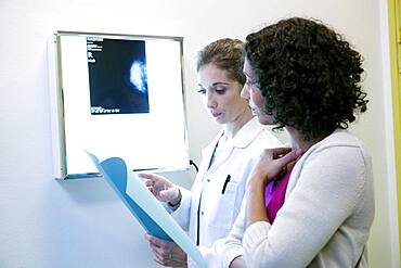 Doctor explaining to a patient the result of her mammogram.