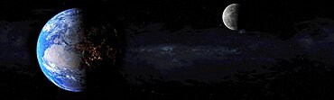 Earth from space showing a sunrise with a moon in the distance panoramic. Some elements sourced from NASA public Domain.