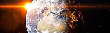 Panoramic of the world with a bright sun. Some elements sourced from NASA public Domain.